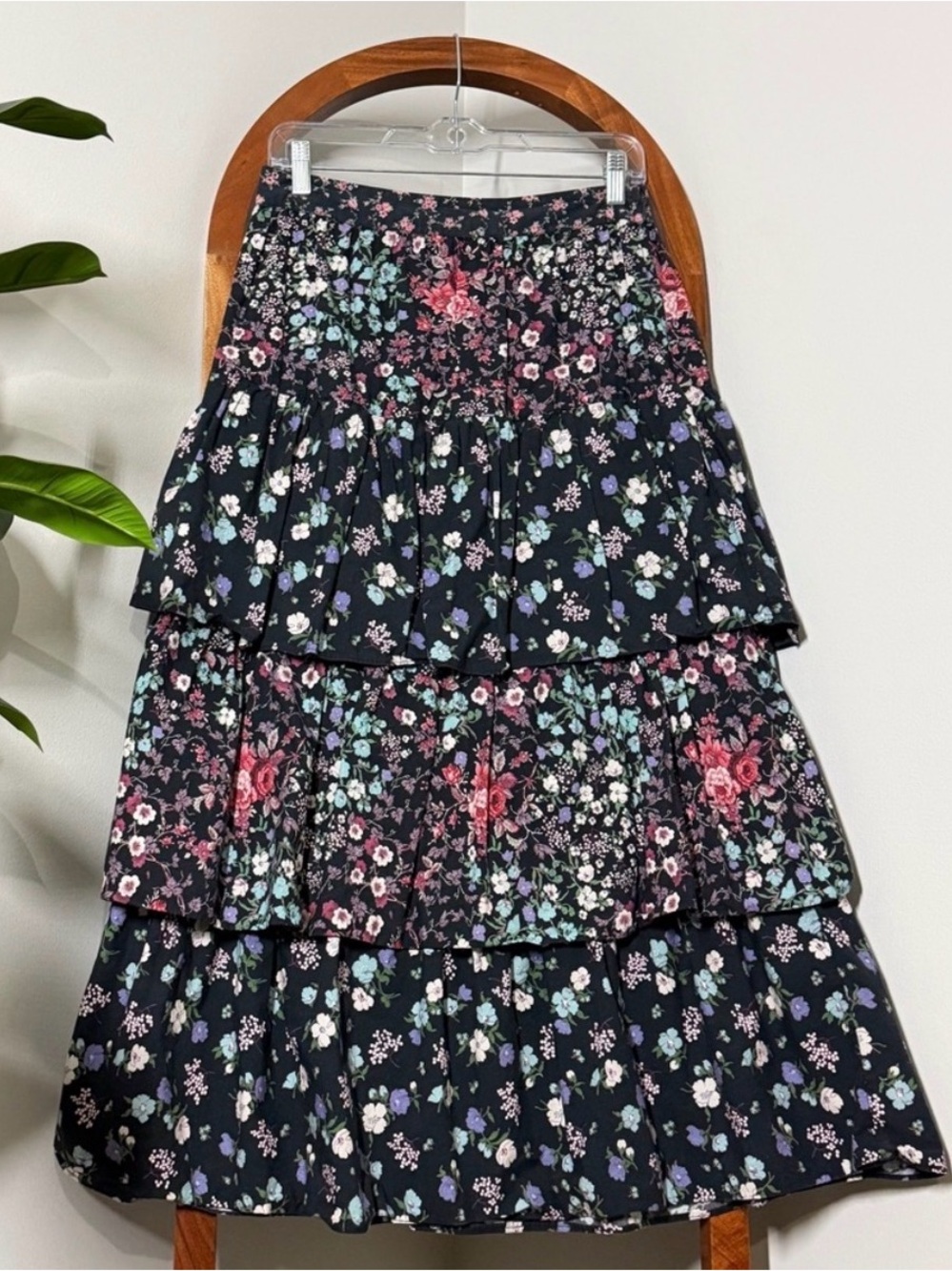 LoveShackFancy 6 Black Floral Iggy Tiered Midi Skirt